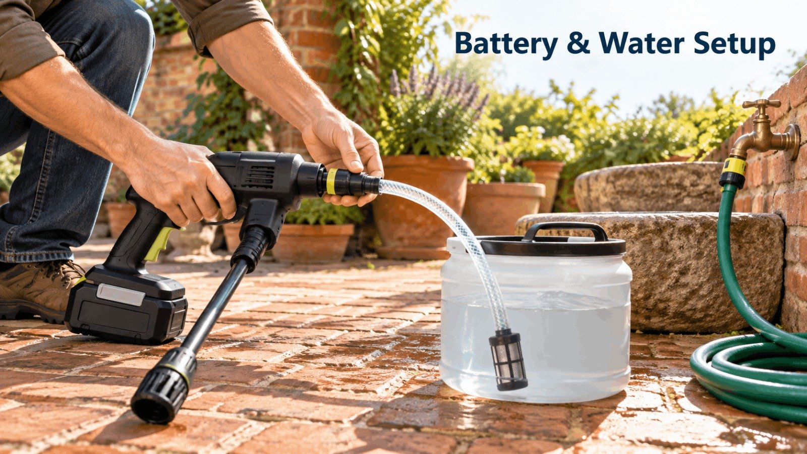 Battery and water setup for a cordless pressure washer with a bucket and filter