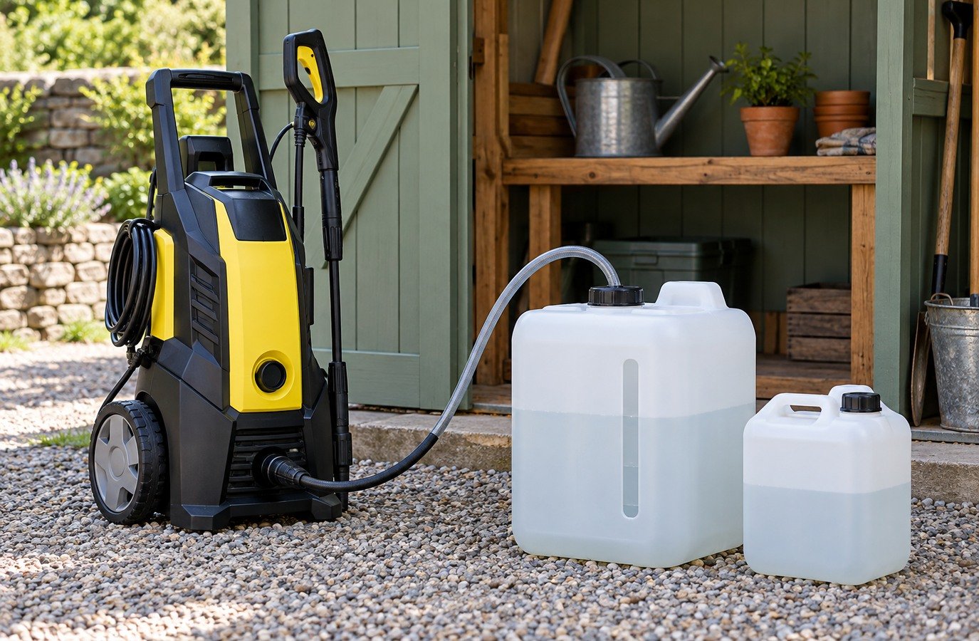 Pressure washer with a separate water tank and suction hose supplying a home washer