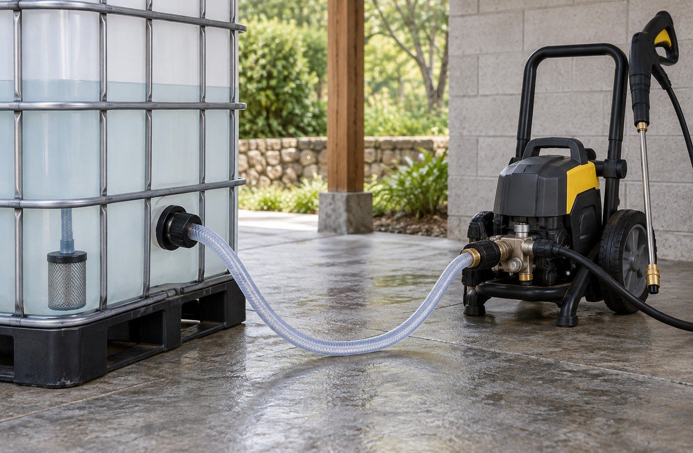 Match the water tank source to the pressure washer pump with a suction hose
