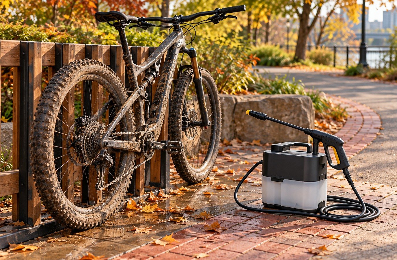 Muc-Off mobile pressure washer with a built-in water tank cleaning a mountain bike