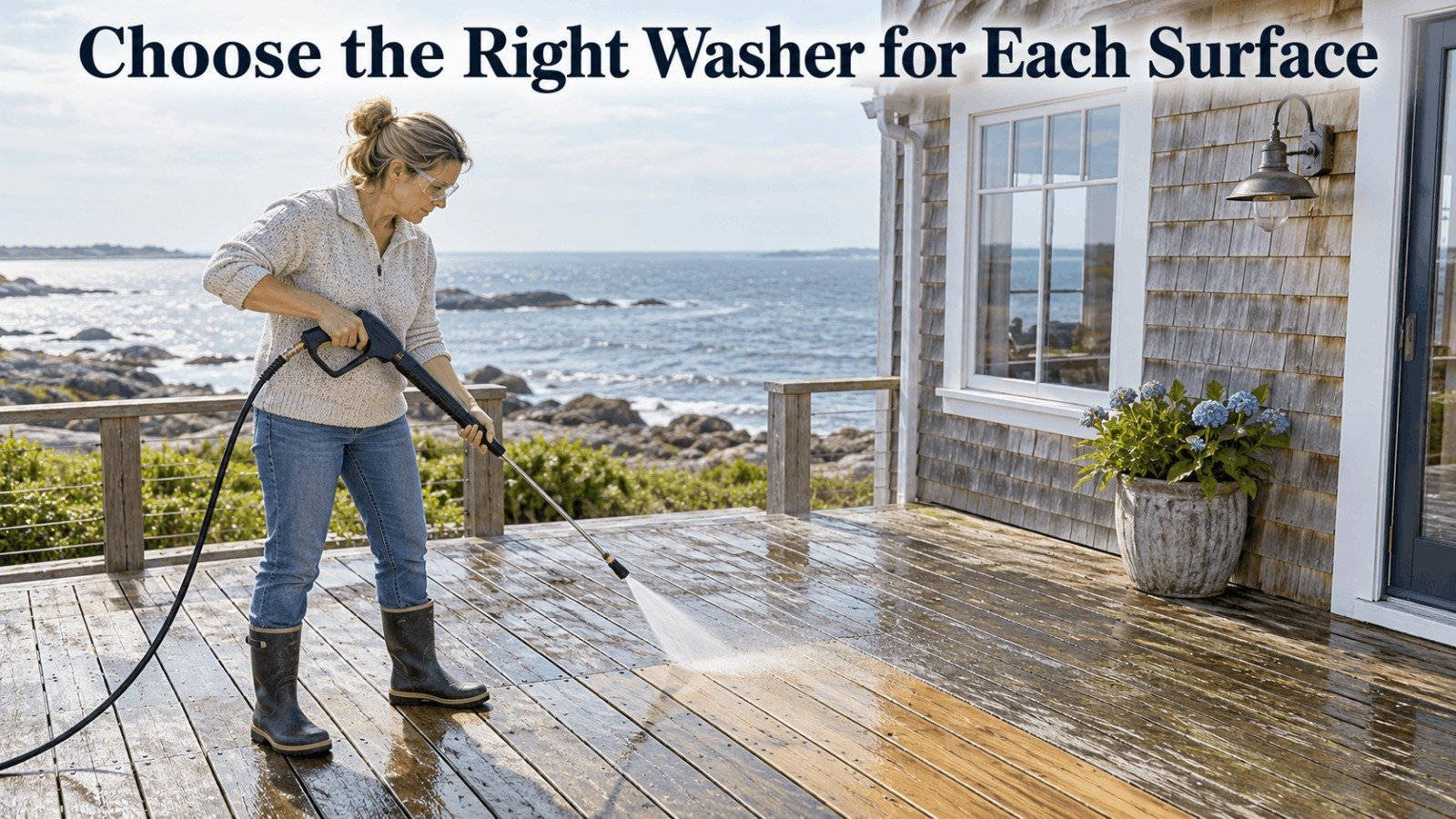 Pressure washer for home use cleaning a wood deck beside cedar-shingle siding