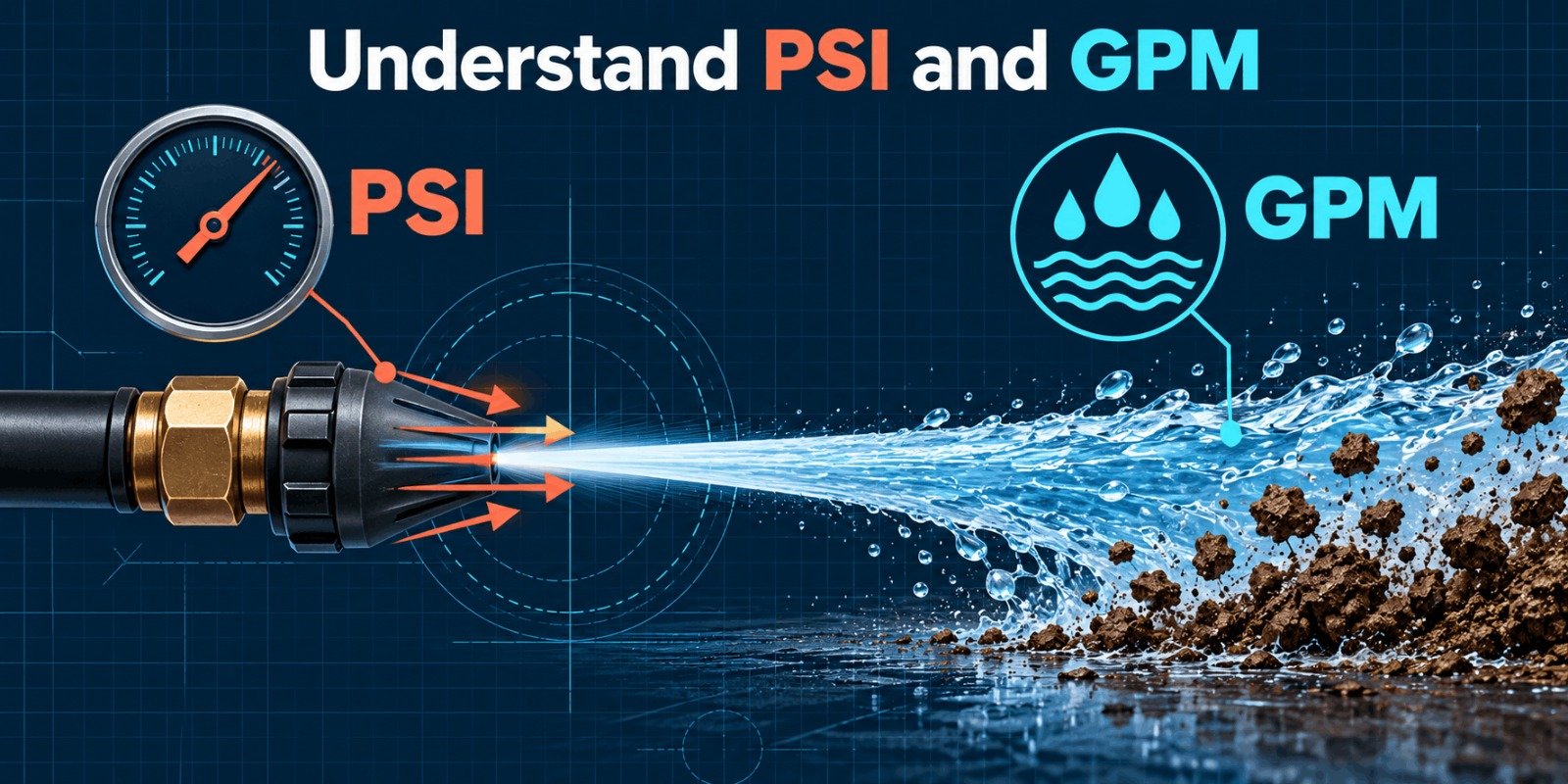 Pressure washer PSI and GPM explained with pressure gauge and water flow diagram