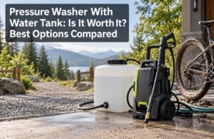 Pressure washer with water tank: portable washer and water tank set up away from a garden tap