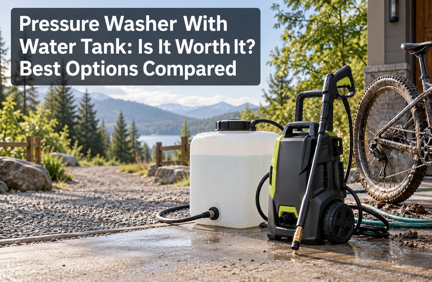 Pressure washer with water tank: portable washer and water tank set up away from a garden tap