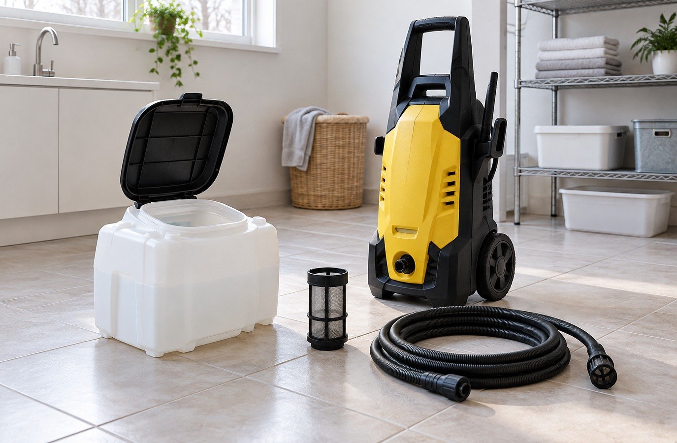 Tank-fed pressure washer setup with water tank, inlet filter and suction hose