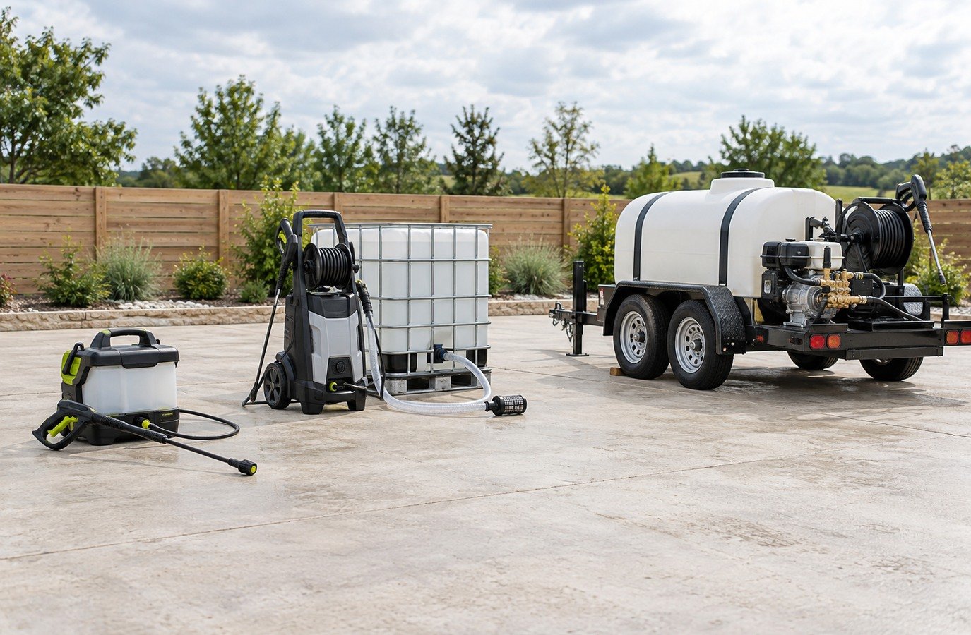 What does a pressure washer with water tank mean: portable, tank-fed and trailer setups